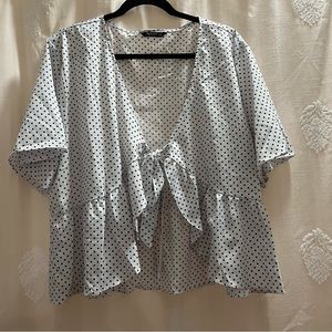 Self-Tie Black and White Polka Dot Cropped Tie-Front Peplum Top